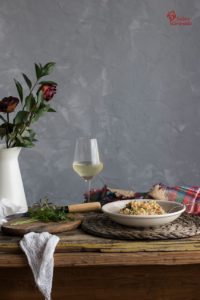 Presentación de esta receta de risotto de langostinos y champiñones - Sabor Granada