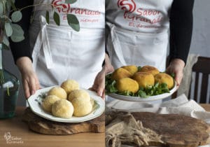 Bombas picantes de patatas antes y después de freir - Sabor Granada